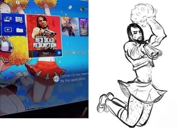Side-by-side image showing a PlayStation home screen where the Red Dead Redemption game tile aligns with a cheerleader background, followed by a drawing depicting John Marston as that cheerleader.
