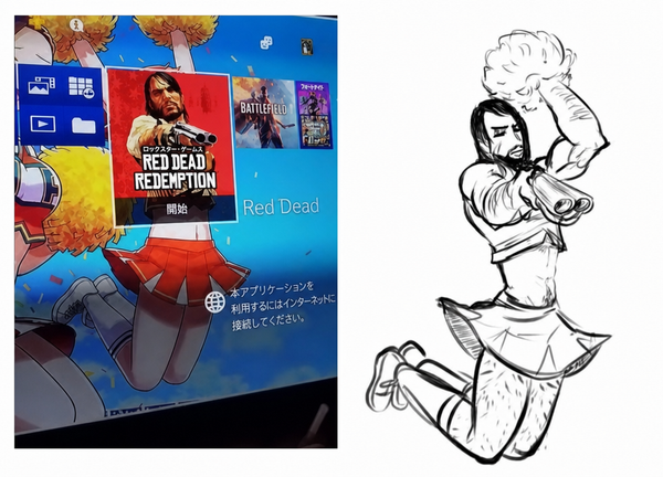 左右に並んだ画像。左は『レッド・デッド・リデンプション』のゲームタイルがチアリーダーの背景画像と絶妙に重なっているPlayStationのホーム画面、右はそのチアリーダーの格好をしたジョン・マーストンのイラスト。