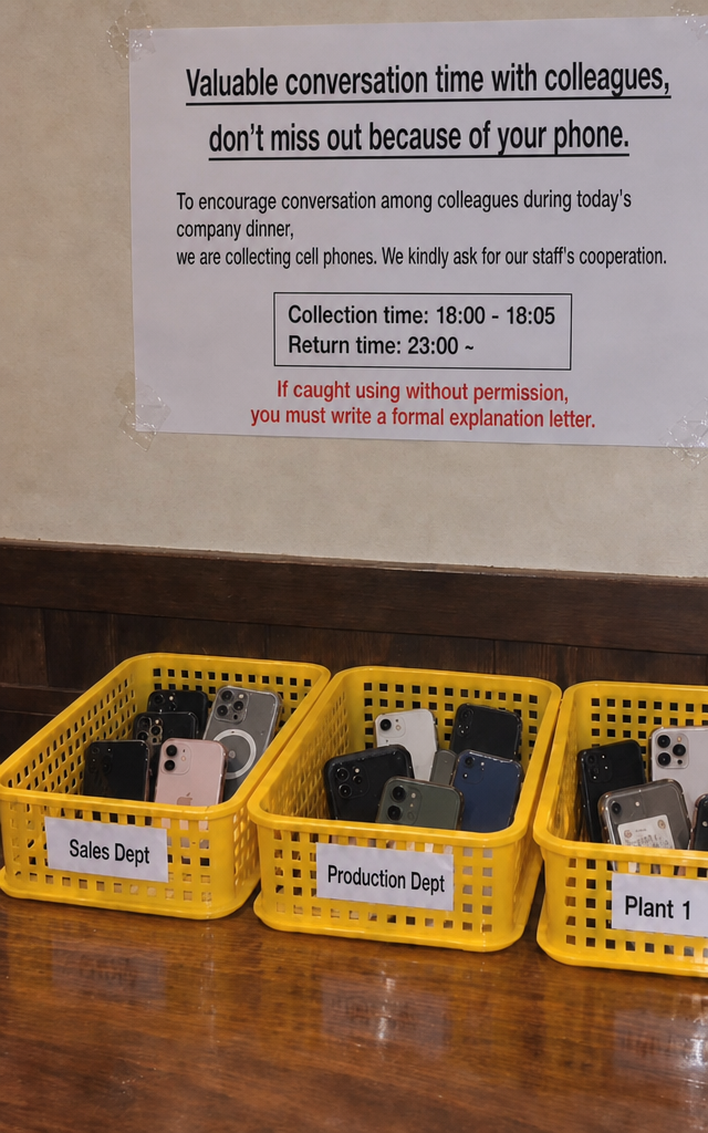 A notice posted on a wall regarding the collection of cell phones during a company dinner, along with smartphones placed in baskets labeled by department. The notice states that phones are confiscated from 18:00 to 23:00 to foster conversation, and anyone caught using a phone must write a written reprimand/explanation letter.