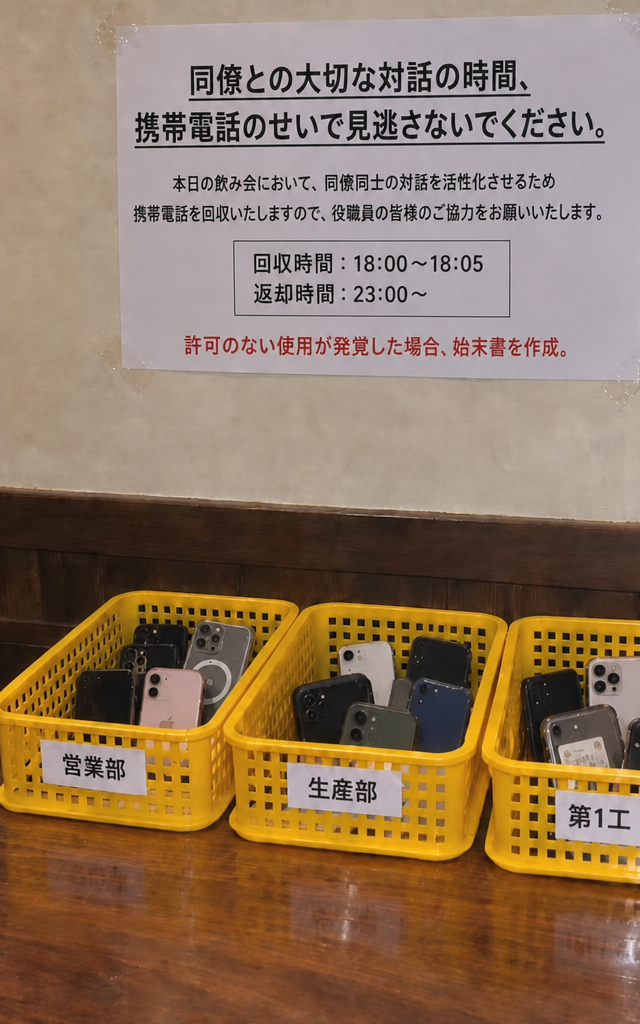 壁に貼られた飲み会中の携帯電話回収案内文と、部署ごとのカゴに入れられたスマートフォン。案内文には、同僚との対話を促進するため18時から23時まで携帯電話を回収し、無断使用が発覚した場合は始末書を書かせる旨が記載されている。