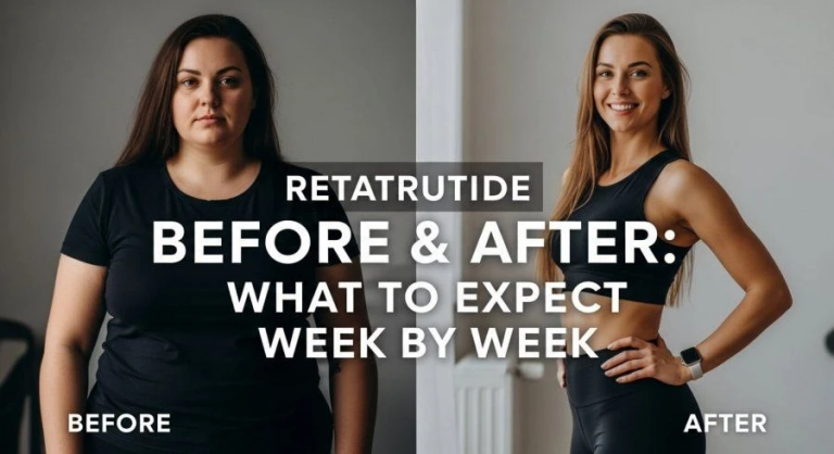 A before-and-after image related to the obesity treatment Retatrutide, showing side-by-side photos of weight loss progress.