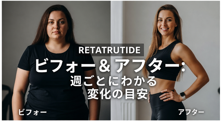 肥満治療薬レタトルチドに関連するビフォーアフター画像で、減量前後の姿が並べて配置されている写真