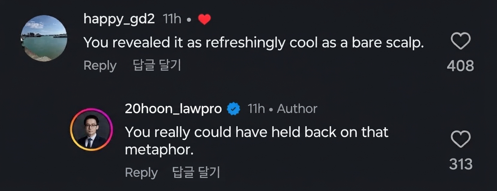 Comment praising the reveal as 'refreshing as a cool scalp' and the lawyer asking them to hold back on such metaphors