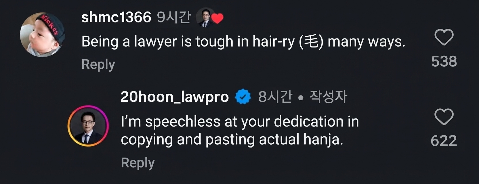 Comment making a pun with the Chinese character for hair (毛), and the lawyer reacting in disbelief at the dedication