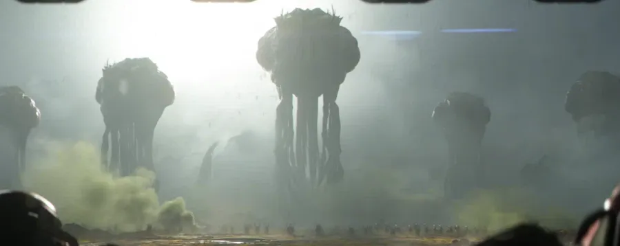 A cinematic shot of grotesque, massive Overlords floating in a foggy sky.