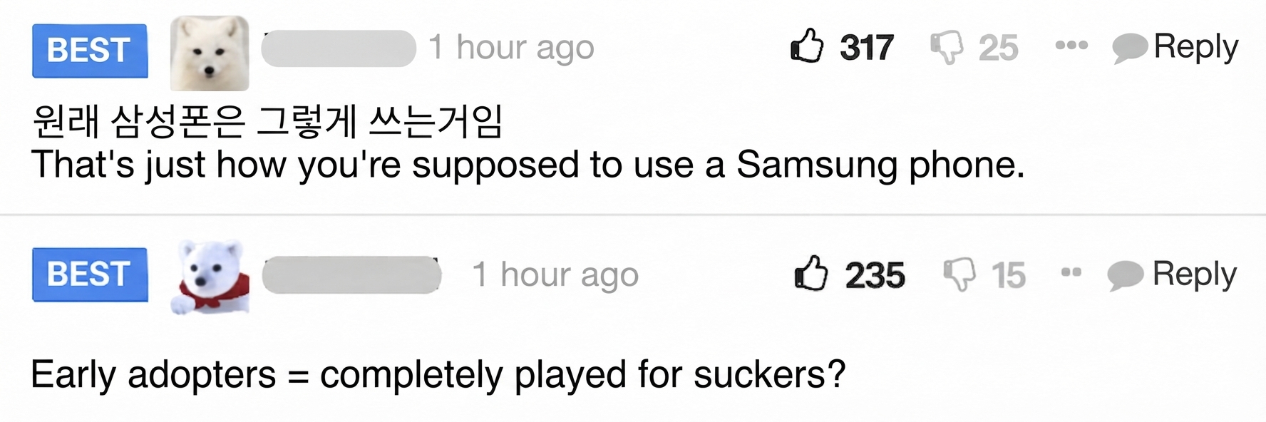A screenshot of top online comments stating that's just how Samsung phones are used and asking if early adopters got completely ripped off.