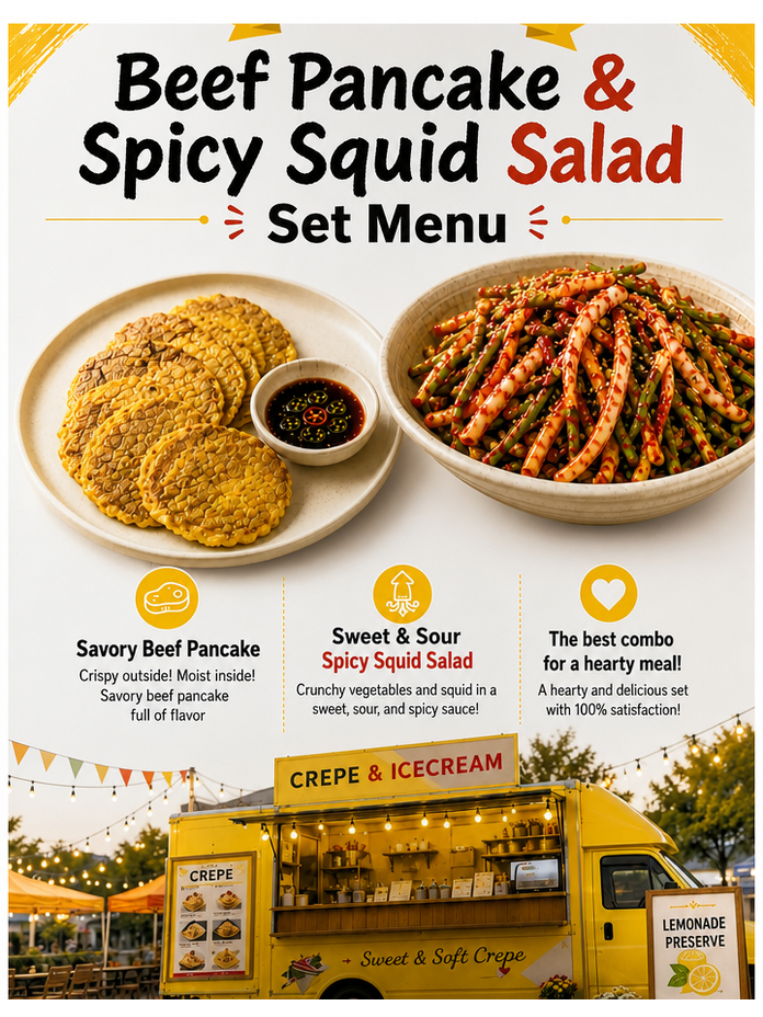 Set menu poster featuring a beef pancake with a strange pattern and squid salad