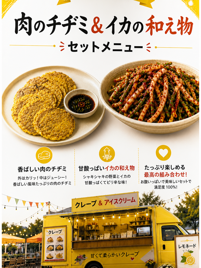 奇妙な模様の肉のチヂミとイカの和え物のセットメニューポスター