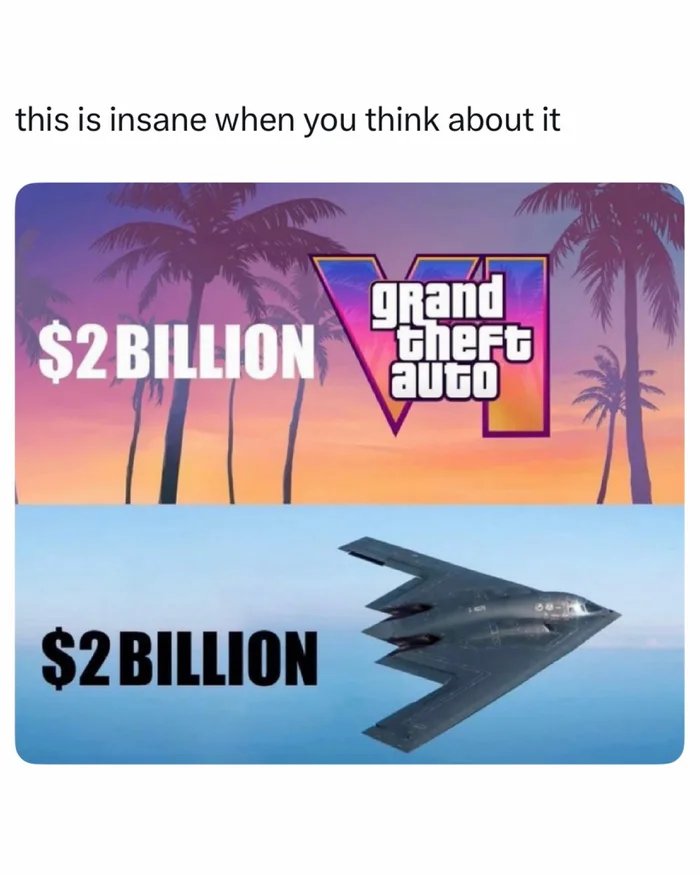 A comparison image showing the Grand Theft Auto VI logo alongside a B-2 stealth bomber, both labeled with a $2 billion price tag.