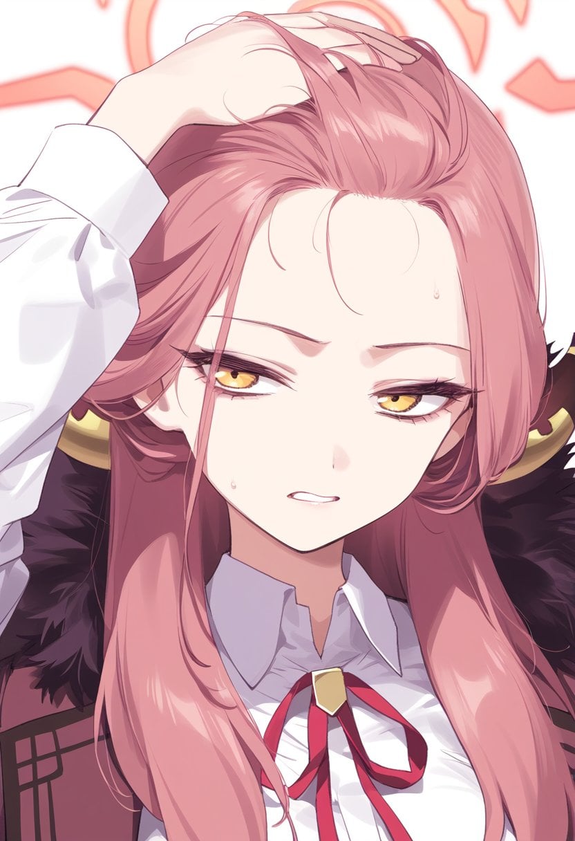 An illustration of the character Aru from the game Blue Archive sweeping her bangs back with her hand to reveal a wide forehead, looking pouting and embarrassed.