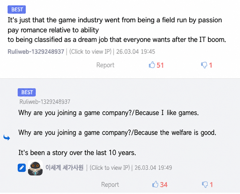 A screen capture of community comments discussing how the gaming industry has changed from a romantic sector built on passion pay to a dream job with good welfare, leading to an increase in personnel who don't know games.