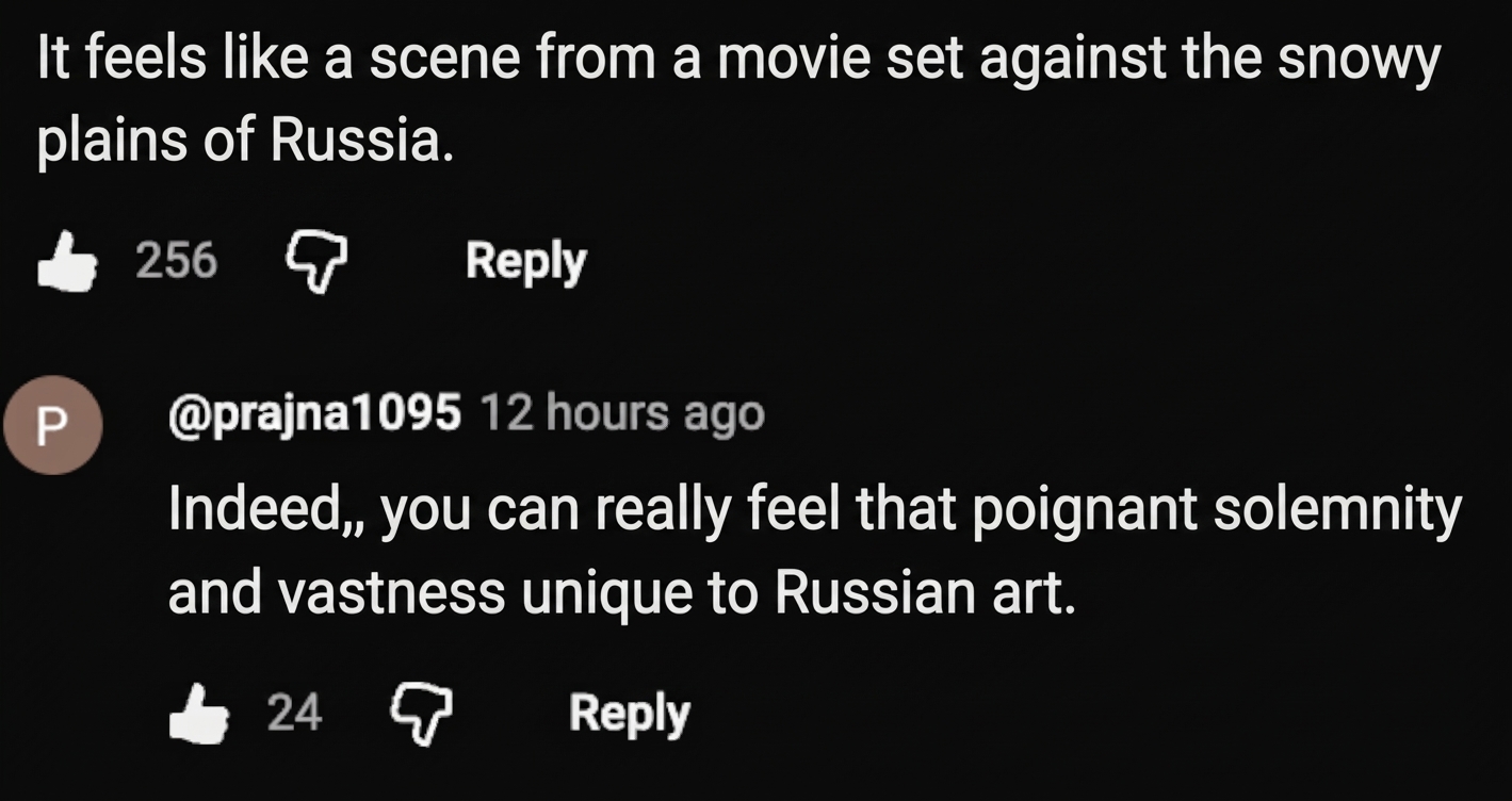 Screenshot of a comment noting the music feels like a scene from a Russian movie, along with a reply