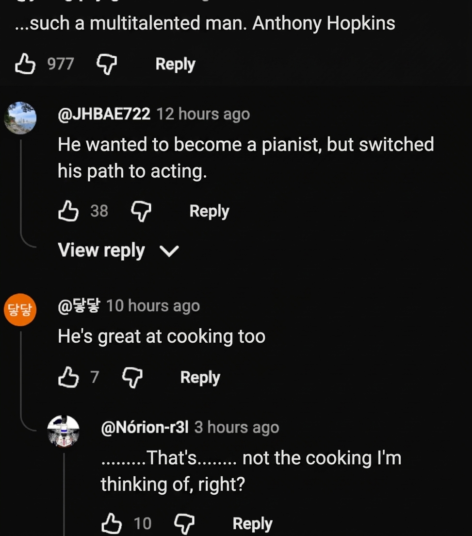 Screenshot of comments discussing Anthony Hopkins' talents and cooking skills, with a user startled thinking of Hannibal