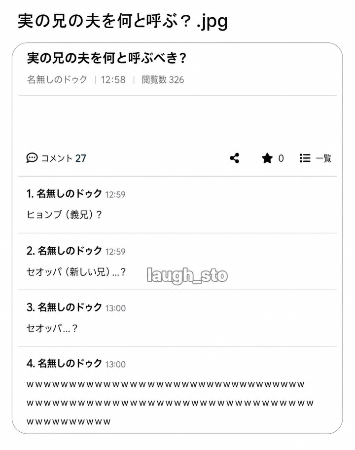 ネット掲示板に「実の兄の夫を何と呼ぶべきか？」という投稿があり、コメント欄で「ヒョンブ（義兄）」なのか「セオッパ（新しい兄？）」なのか悩むネットユーザーの反応のスクリーンショット。