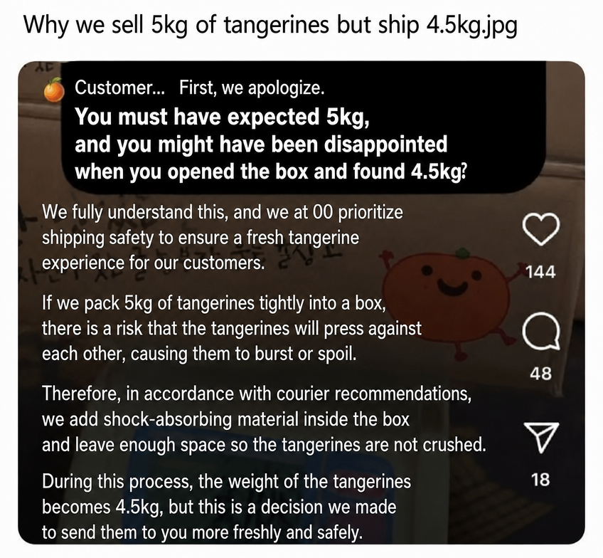 Screenshot of an SNS post explaining why they send 4.5kg of tangerines when 5kg was ordered, claiming they reduced the weight to fit in shock-absorbing packaging.
