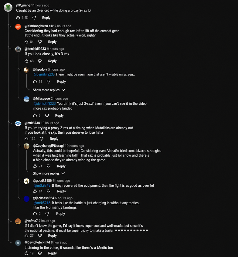 YouTube comments analyzing whether the barracks-flying scene in the trailer depicts a proxy two-barracks build and how to counter Mutalisks