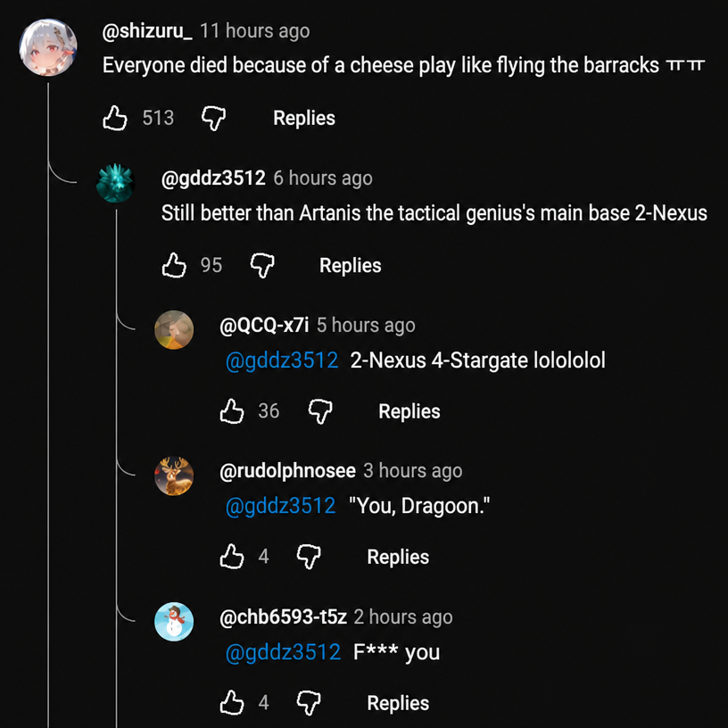 YouTube comment section criticizing the cheesy proxy barracks tactic and bringing up Artanis's two-Nexus main base strategy