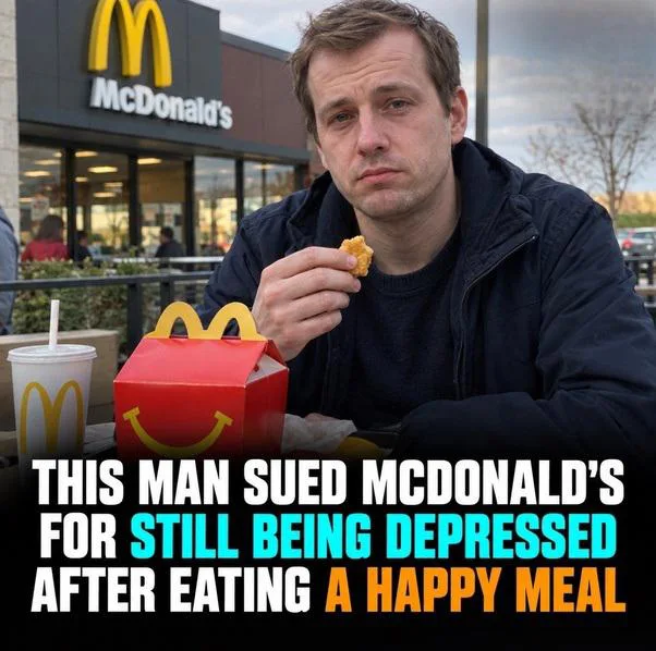 A melancholic man sitting outside a McDonald's eating a chicken nugget next to a Happy Meal box, with caption text about suing McDonald's for still being depressed.