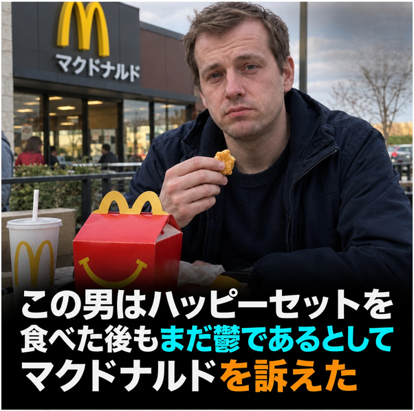 マクドナルドの外でハッピーセットの箱の横に座り、チキンナゲットを食べながら憂鬱そうにしている男性。ハッピーセットを食べたのにまだ鬱だという理由でマクドナルドを訴えたというキャプション付き。