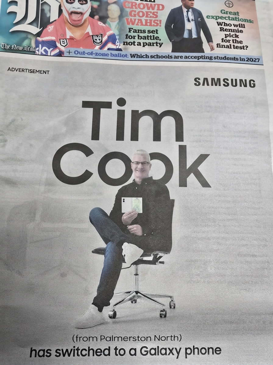 A full-page Samsung newspaper ad showing a man sitting in a chair holding a foldable smartphone, accompanied by large text that reads 'Tim Cook (from Palmerston North) has switched to a Galaxy phone'.