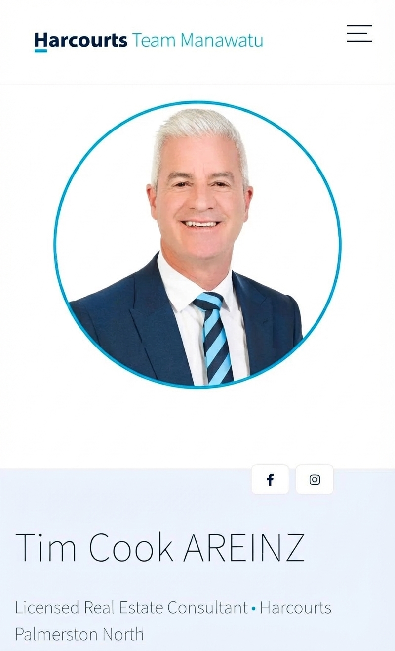 A screenshot of a profile page for licensed real estate consultant Tim Cook AREINZ on a New Zealand real estate website in Palmerston North.