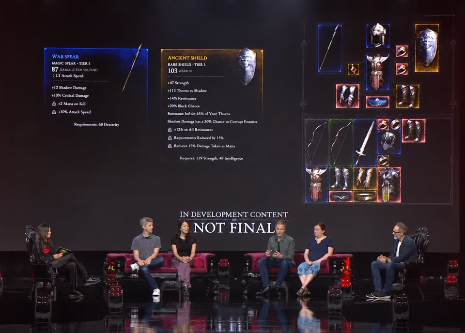 Game developers sit on a stage couch having a panel discussion, with a large background screen displaying equipment item tooltips and inventory development screens.