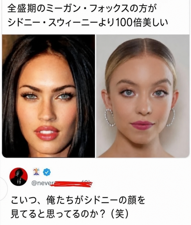 ミーガン・フォックスとシドニー・スウィーニーの比較写真の下に、「こいつ、俺たちがシドニーの顔を見てると思ってるのか？（笑）」という返信がある。