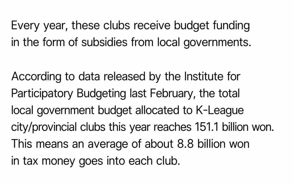 Body of an article citing statistics from the Center for Good Budget, reporting that local government budgets allocated to K League civic clubs this year total 151.1 billion won, an average of about 8.8 billion won in tax money per club.