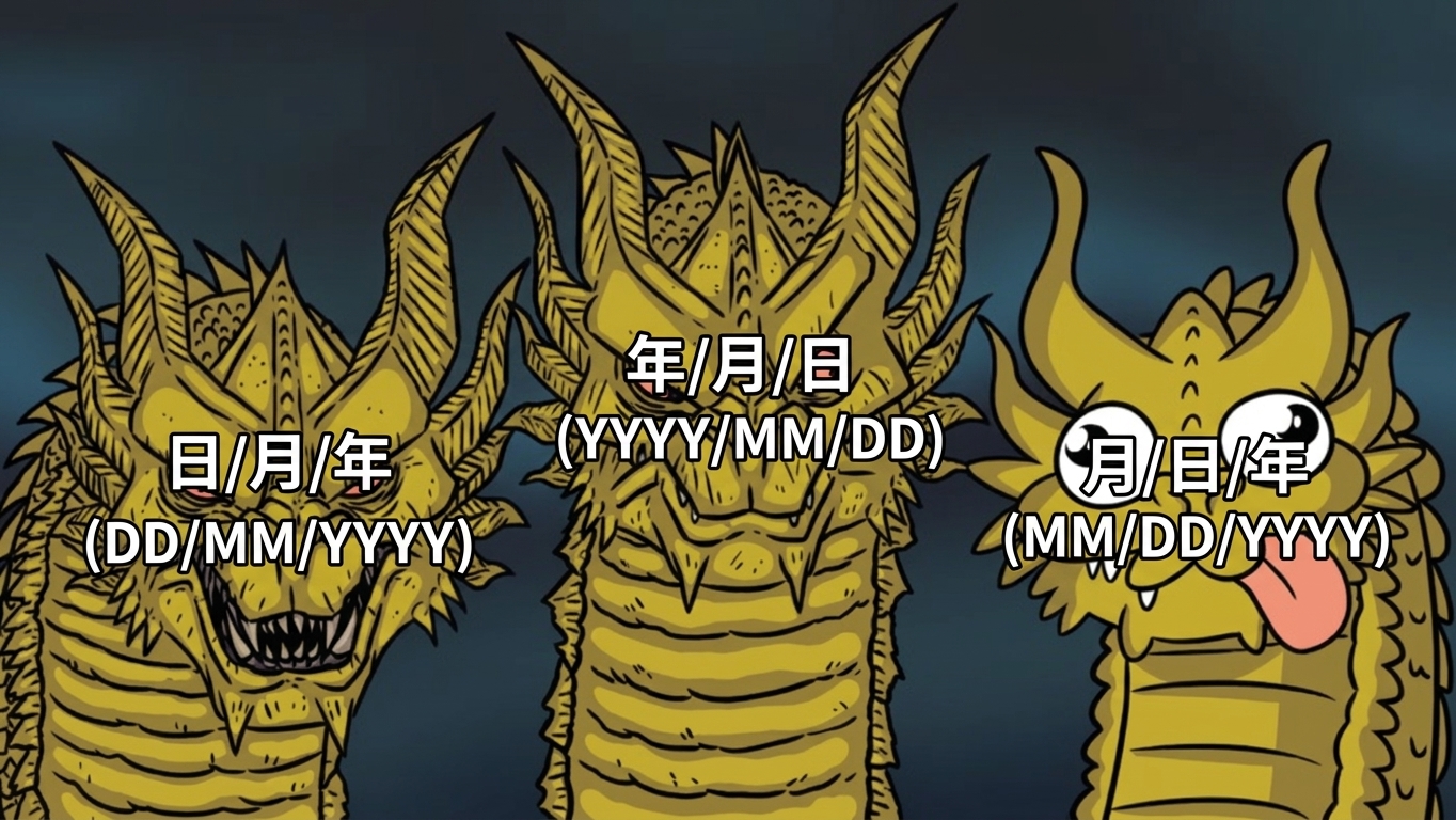 3つの頭を持つキングギドラのミーム：「DD/MM/YYYY」と「YYYY/MM/DD」と書かれた2つの獰猛なドラゴンの頭の横に、「MM/DD/YYYY」と書かれた間抜けでとぼけた頭が並んでいる様子。