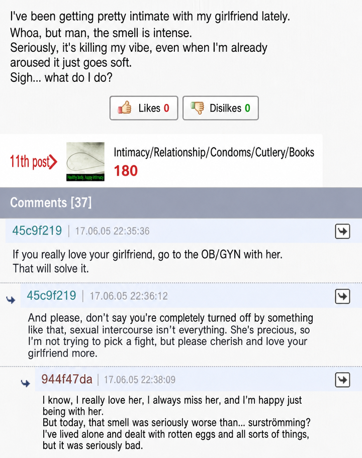 Screenshot of an online community post where someone is complaining about their girlfriend having a strong unpleasant odor, causing them to lose interest. Another user advises them to go to the OB/GYN together, to which the original poster replies that the smell was worse than surströmming.