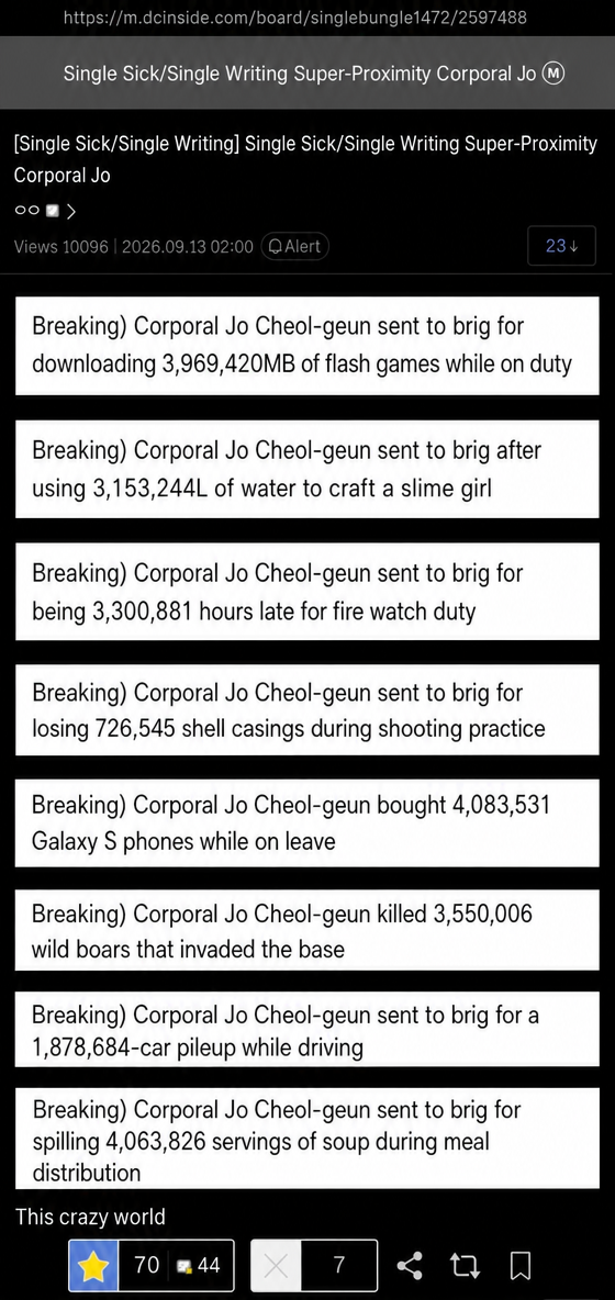 Screenshot of an internet community post. Screens showing massive numbers in headlines like 'Breaking: Private Jo Cheol-geun sent to brig for downloading 3,969,420MB of Flash games on duty' and 'Breaking: Private Jo Cheol-geun sent to brig after using 3,153,244L of water trying to conjure a slime girl'.