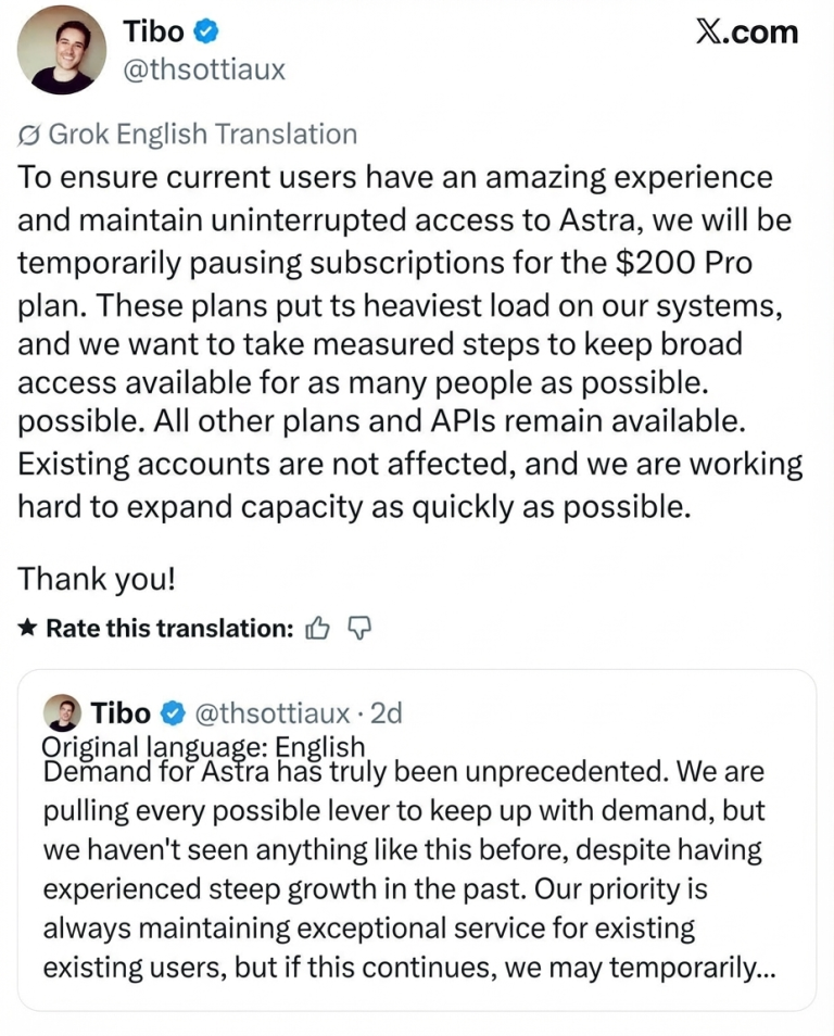 A notice tweet by Tibo on X stating that new subscriptions for the $200 Pro plan are temporarily suspended