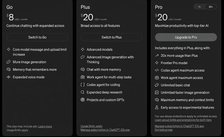 ChatGPT subscription plan comparison screen showing Go, Plus, and Pro tiers with pricing and features