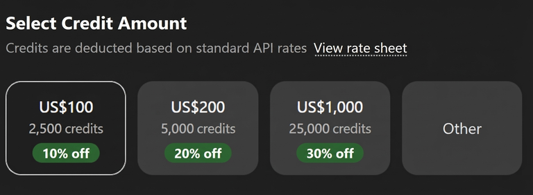 Payment screen for purchasing extra credit top-ups ranging from $100 to $1,000