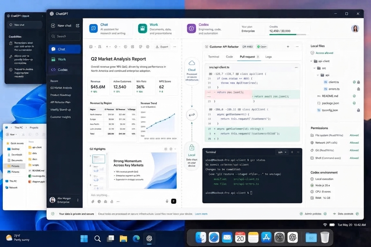 ChatGPT desktop app interface integrating chat, document workflows, coding, and local file access permissions