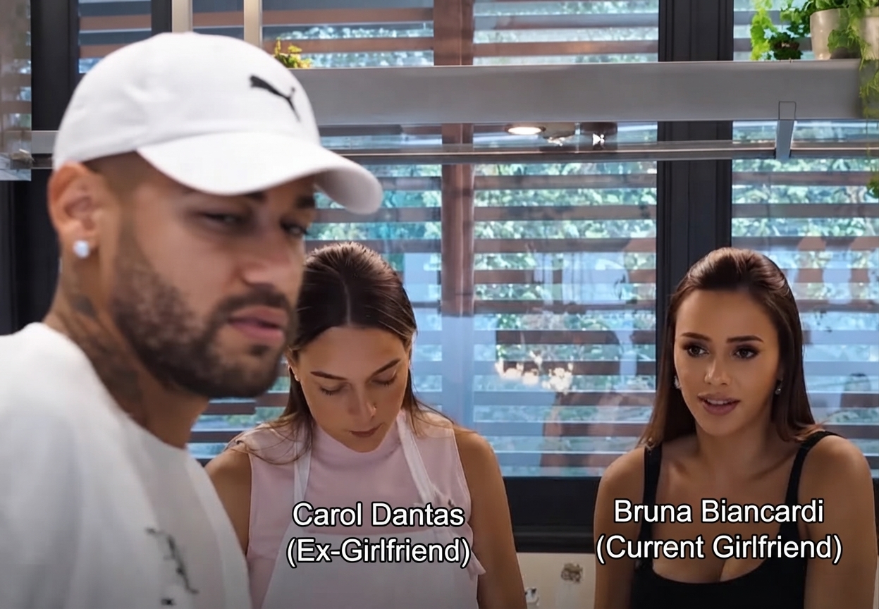 A TV broadcast capture showing Neymar wearing a white cap in the foreground, with his ex-girlfriend Carol Dantas and current girlfriend Bruna Biancardi standing side by side in the kitchen behind him.
