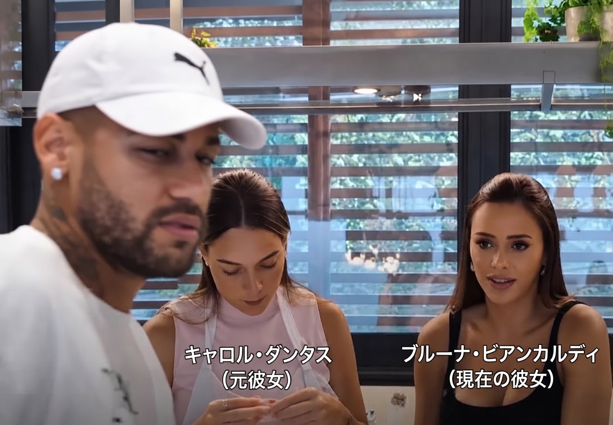 白い帽子をかぶったネイマールの背後で、元彼女のキャロル・ダンタスと現在の彼女ブルーナ・ビアンカルディがキッチンに並んで立っている番組のキャプチャ画面