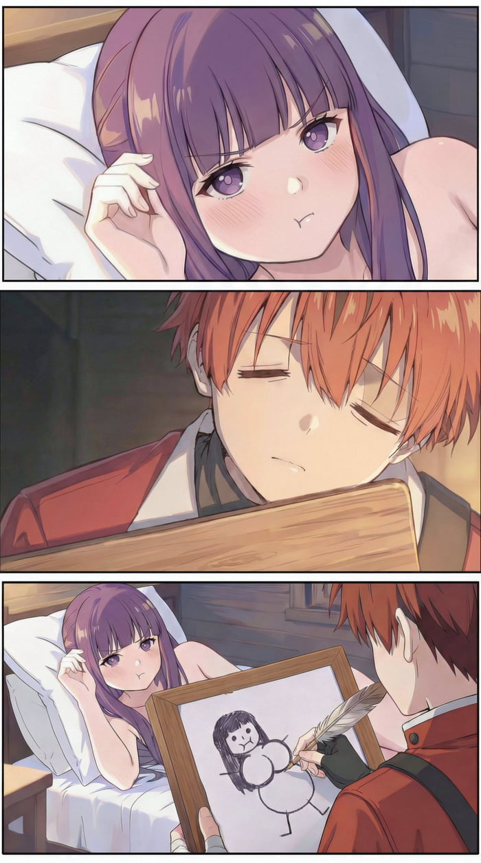 A three-panel anime comic parodying the Titanic drawing scene. Fern lies in bed pouting while Stark intently sketches her. The final panel reveals he is drawing a crude stick figure with exaggerated curves.
