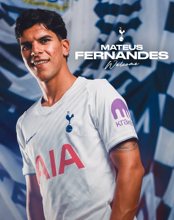 A graphic image welcoming Mateus Fernandes wearing a Tottenham Hotspur uniform.