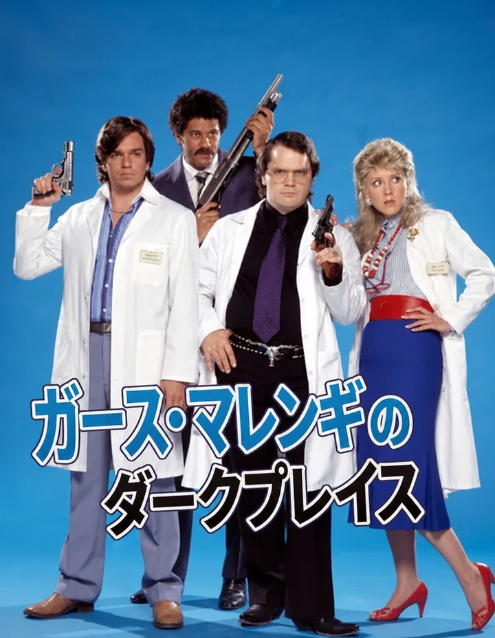 青い背景をバックに、銃を持ってポーズをとるコメディシリーズ『ガース・マレンギのダークプレイス』の主要キャスト4人の宣伝ポスター。