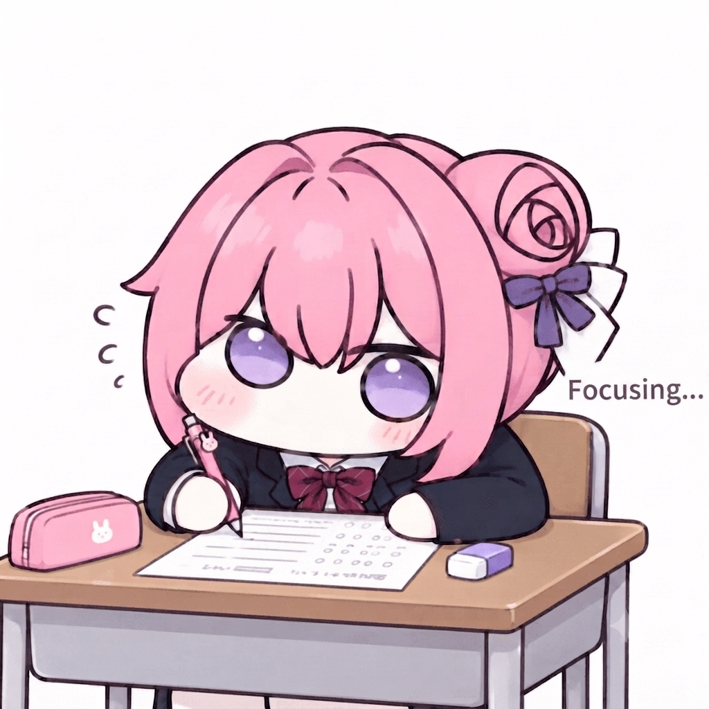 A pink-haired Doro character in a school uniform sitting at a desk and focusing intensely on taking an exam.