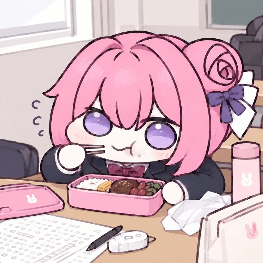 A Doro character in a school uniform munching with its cheeks stuffed full of lunchbox food.