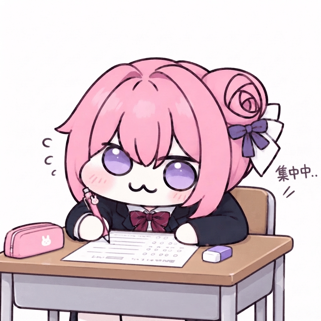 制服を着たピンク髪のドロロンキャラクターが机に向かい、集中してテストを解いている姿