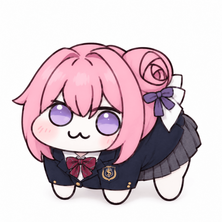 四つん這いで女子高生の制服とプリーツスカートを着て正面を見つめているドロロンキャラクター