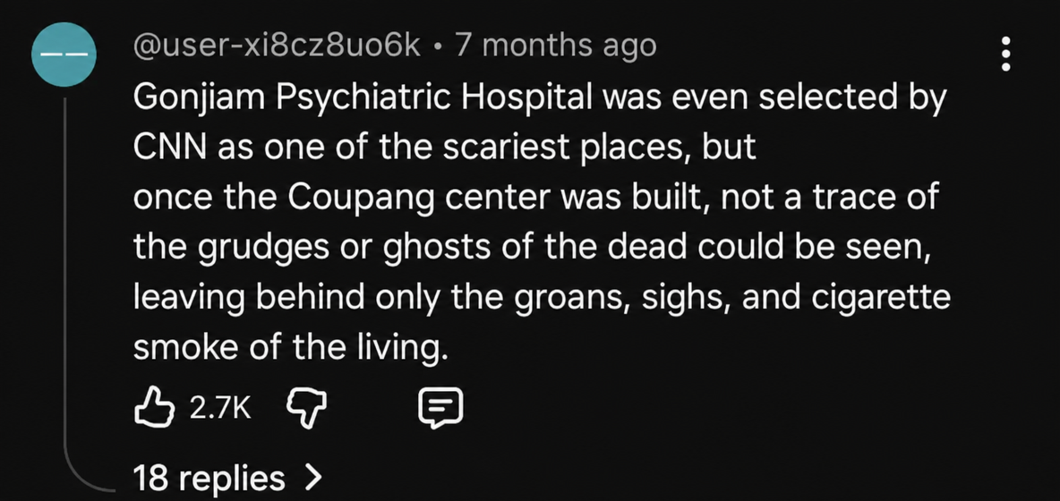 A screenshot of a YouTube comment saying that a place once labeled a CNN horror spot now houses a Coupang center, leaving only the moans and sighs of living people.