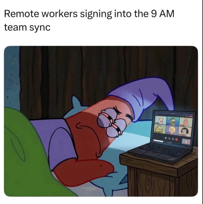 Patrick Star in bed wearing a nightcap looking exhausted at an open laptop running a video conference call.