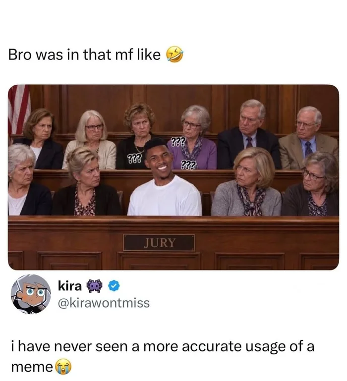 A courtroom jury box filled with elderly, stern-looking jurors staring at a confused, smiling young man edited in the center, mimicking the Nick Young confused meme with question marks around his head.