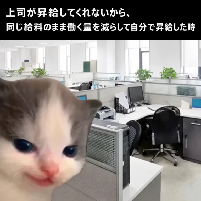 オフィスのキュービクルでニヤリと笑う子猫。同じ給料で働く量を減らして自分で昇給するというキャプションが付いている。