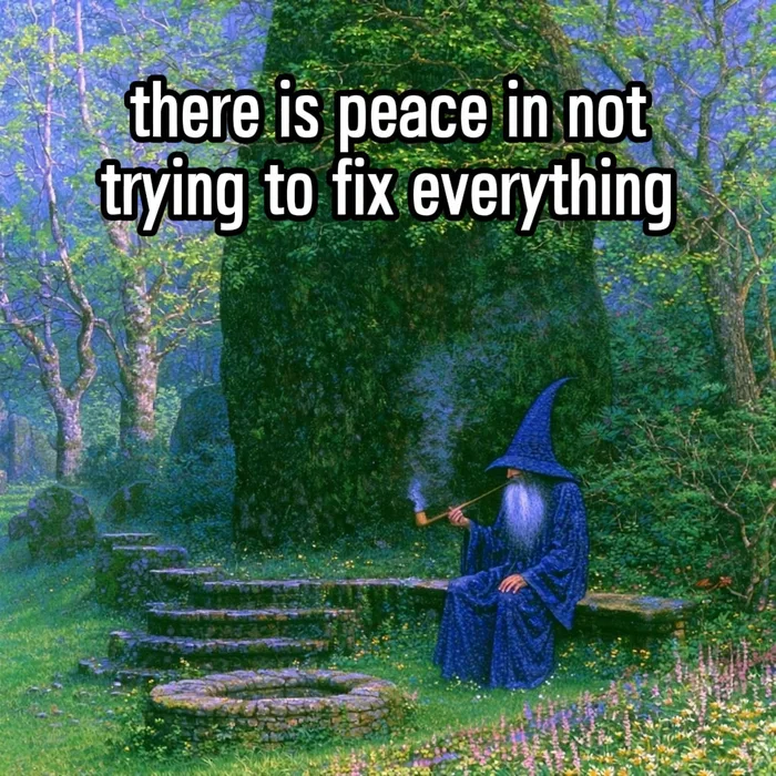 A wizard in blue robes and a pointed hat smoking a long pipe in a serene, mystical forest beside a stone well, with overlay text reading 'there is peace in not trying to fix everything'.