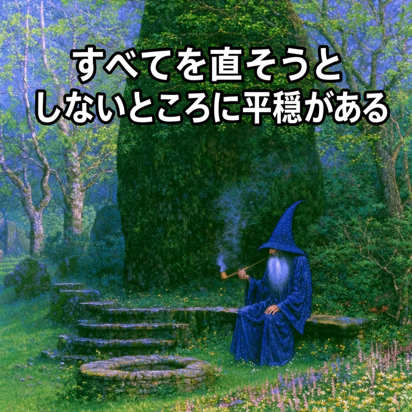 青いローブを着てとんがり帽子をかぶった魔法使いが、静かで神秘的な森の中の石の井戸のそばで長いパイプをくゆらせている。画像には「すべてを直そうとしないところに平穏がある」というテキストが重ねられている。